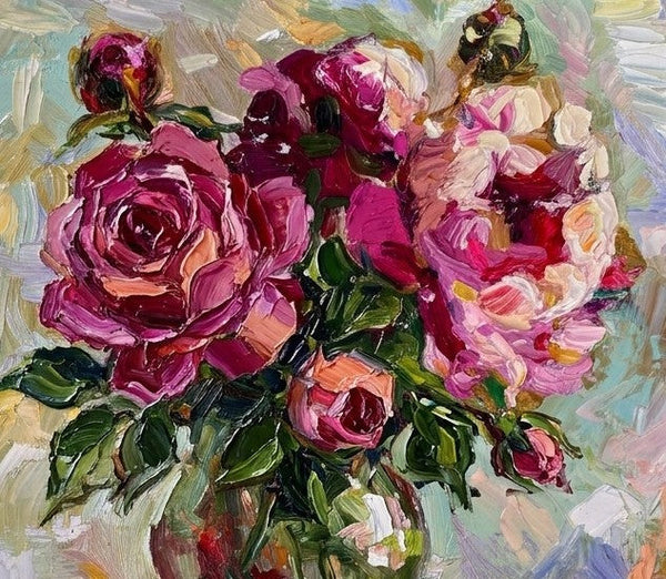 Rose Flowers in Full Bloom, Impasto Heavy Texutre Art, Still Life Painting, Small Canvas Artwork, Original Flower Paintings