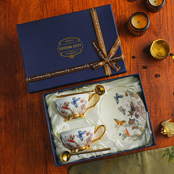 Ceramic Coffee Cups in Gift Box, Butterfly Pattern Porcelain Tea Cup and Saucer Set, British Traditional Afternoon Tea Cup and Saucer Set-artworkcanvas