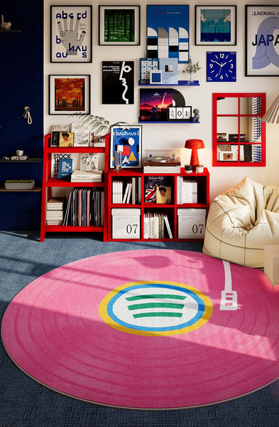 Geometric Round Rugs for Small House, Pink Modern Floor Rugs Next to Bed, Circular Modern Rugs for Dining Room, Contemporary Floor Carpets for Apartment