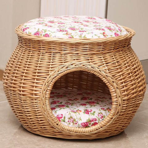 Rattan Cat Bed, Wicker Cat House Basket with Washable Cushion for Indoor Cats and Dogs-artworkcanvas