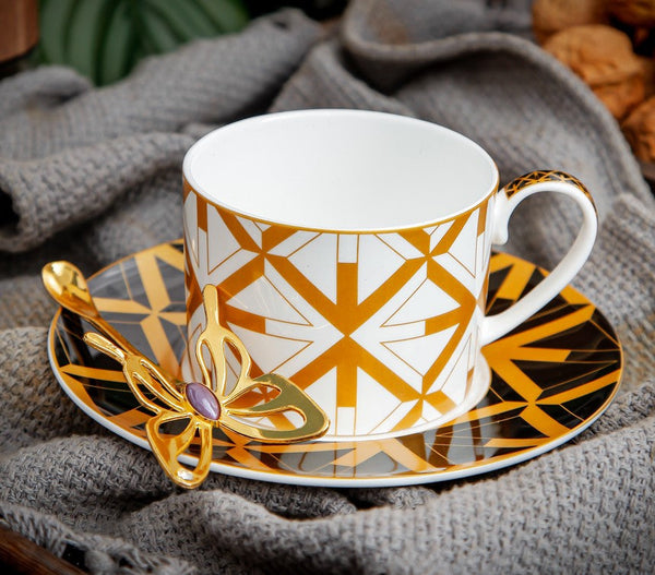 Modern Coffee Cup and Saucer, 8 oz Ceramic Cups, Creative Porcelain Tea Cup Saucer Set, Beautiful British Tea Cups-artworkcanvas