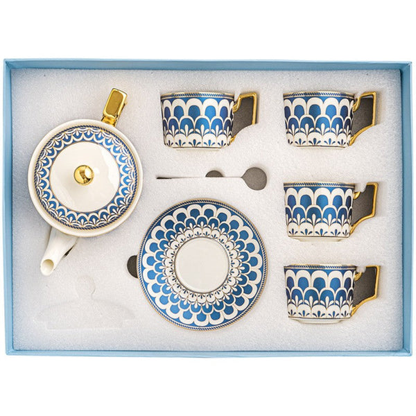 Tea Cup and Saucer Set of 4 cups with Teapot in Gift Box, 7.4 oz Modern Ceramic Coffee Cups for Office, Blue Porcelain Tea Cup and Saucer Set-artworkcanvas
