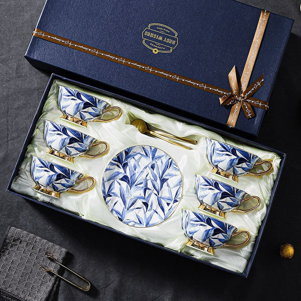 Unique British Tea Cup and Saucer in Gift Box, Blue Bone China Porcelain Tea Cup Set, Elegant British Ceramic Coffee Cups-artworkcanvas