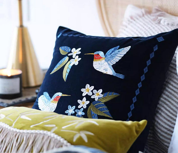 Decorative Pillow Arrangement Ideas for Couch, Vintage Decorative Pillows, Embroidered Birds Cushion, Decorative Pillows for Couch, Modern Throw Pillows for Bedroom-artworkcanvas