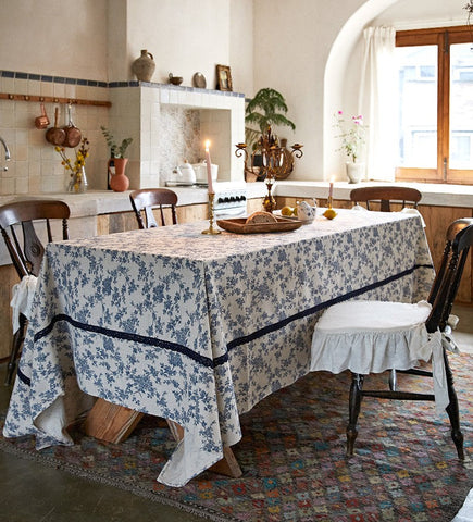 Extra Large Vintage Rectangle Tablecloth for Dining Room Table, Rustic Farmhouse Table Cover for Kitchen, French Flower Pattern Tablecloth for Round Table-artworkcanvas