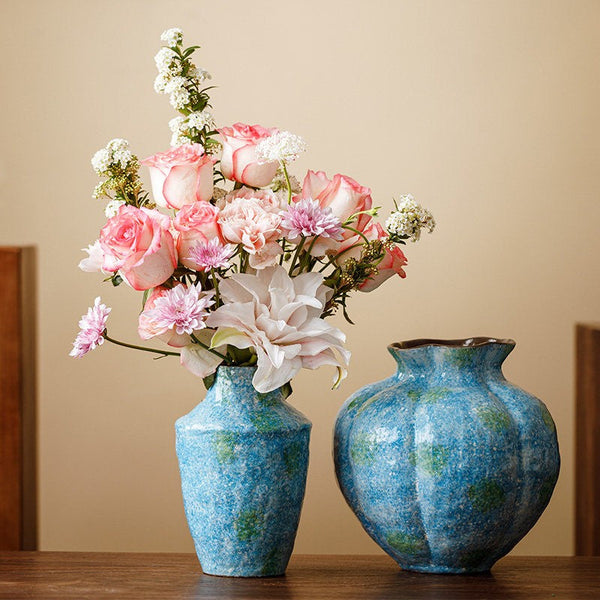 Centerpiece on Dining Table, Blue Flower Vase on Table, Handmade Water Holding Flower Vases, Pottery Flower Vases, Modern Bouquet Flower Vases-artworkcanvas