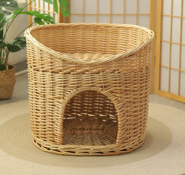Washable Wicker Cat Bed, Wicker Cat House with Washable Cushion for Indoor Cats and Dogs-artworkcanvas