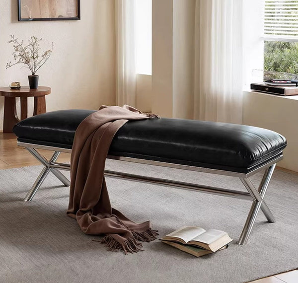 Modern Shoe Changing Ottoman, Mid-Century Hall Bench, Luxury Genuine Leather Entry Bench, Upholstered Shoe Bench, Contemporay Bedroom Bench, Narrow Entryway Bench-artworkcanvas