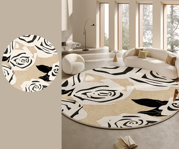 Abstract Contemporary Rugs for Bedroom, Modern Round Rugs under Coffee Table, Circular Rugs for Dining Table, Modern Cream Color Rugs for Living Room-artworkcanvas