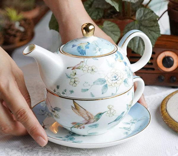 Stackable Teapot and Cup Set, Ceramic Tea Pot with Integrated Cup, Porcelain Teapot with Matching Cup and Saucer in Gift Box, Mother-and-Baby Teapot with Matching Saucer-artworkcanvas