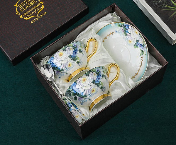 Elegant British Ceramic Coffee Cups, 7.4 oz Tea Cup and Saucer in Gift Box, Royal Porcelain Tea Cup Saucer Set, Rose Flower Pattern Ceramic Cups-artworkcanvas