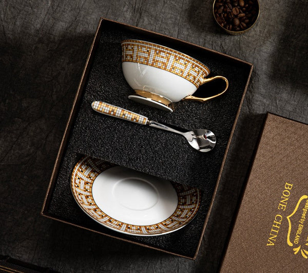 Handmade Elegant British Ceramic Coffee Cups, 6.8 oz Tea Cup and Saucer in Gift Box, Porcelain Tea Cup Set for Office, Yellow Ceramic Cups-artworkcanvas