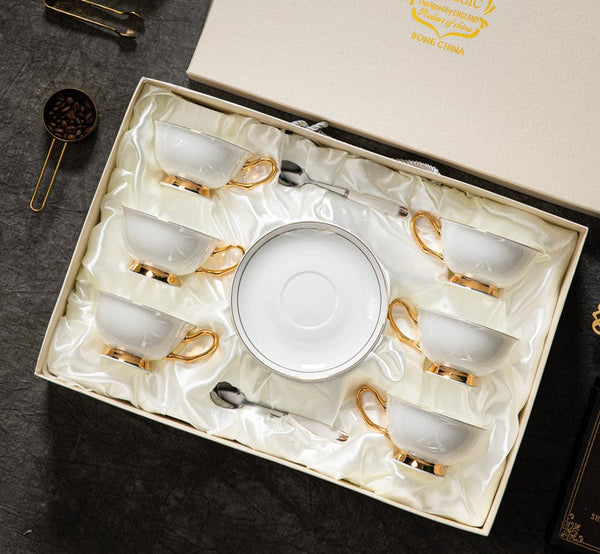 Porcelain Tea Cup Saucer Set, White Ceramic Cups, 7.8 oz British Ceramic Coffee Cups, Unique Tea Cup and Saucer in Gift Box-artworkcanvas