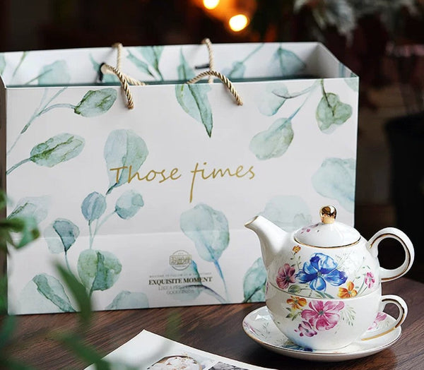 Ceramic Tea Pot with Integrated Cup, Stackable Teapot and Cup Set, Porcelain Teapot with Matching Cup and Saucer in Gift Box, Mother and Baby Teapot with Matching Saucer-artworkcanvas