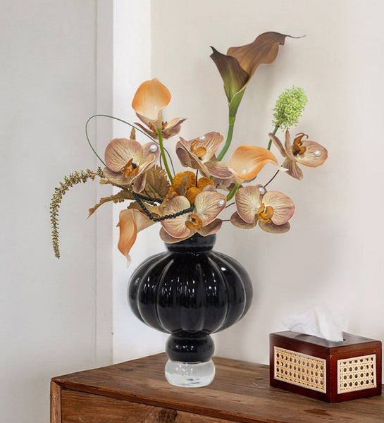 Unique Contemporary Vases for Modern Home Decor, Black Glass Bud Vases, Handmade Liuli Vases, Centerpiece Vases on Table, Black Glaze Vase-artworkcanvas