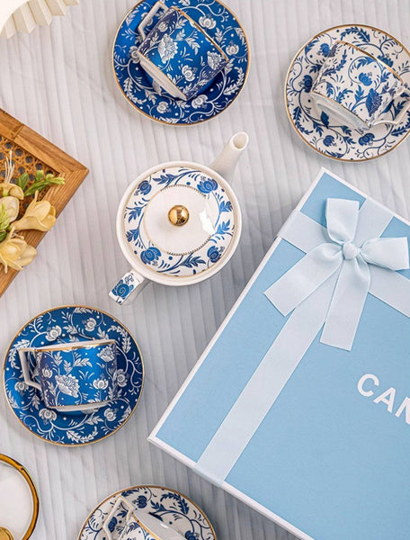 8 oz Traditional Afternoon Tea Blue Porcelain Tea Cup and Saucer Set of 4 cups, British Traditional Afternoon Tea Cup Set with Teapot, Ceramic Coffee Cup with Saucer in Gift Box-artworkcanvas