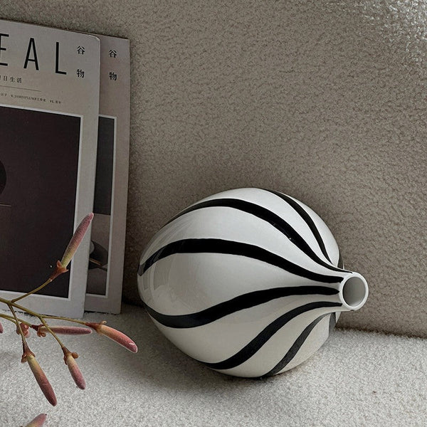 Porcelain Flower Vases, Modern Flower Vases on Table, Water Holding Flower Vases, Black and White Striped Ceramic Vase-artworkcanvas
