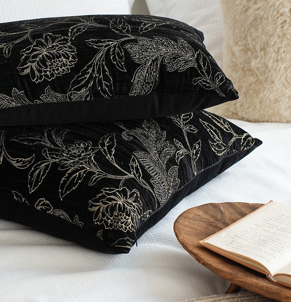 Contemporary Modern Sofa Pillows, Black Embroidery Flower Pattern Pillows for Couch, Decorative Throw Pillows for Bedroom, Large Modern Sofa Pillow for Dining Room-artworkcanvas