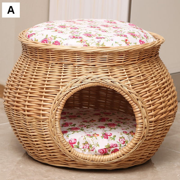 Wicker Cat House Basket with Washable Cushion for Indoor Cats and Dogs, Rattan Cat Bed-artworkcanvas