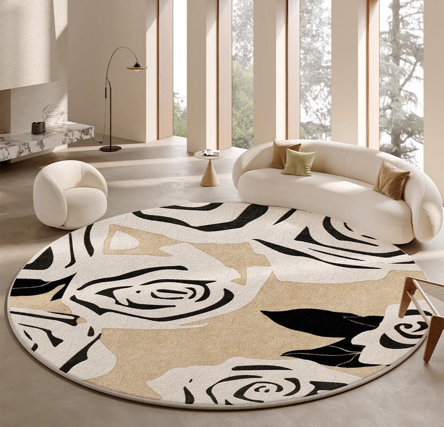 Abstract Contemporary Rugs for Bedroom, Modern Round Rugs under Coffee Table, Circular Rugs for Dining Table, Modern Cream Color Rugs for Living Room-artworkcanvas