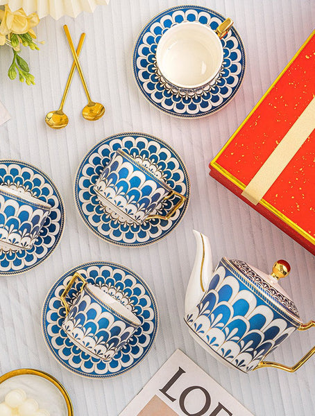 Porcelain Tea Cup and Saucer Set of 4 cups, Blue Tea Cup and Saucer Set with Teapot in Gift Box, 7.4 oz Modern Ceramic Coffee Cups for Office-artworkcanvas