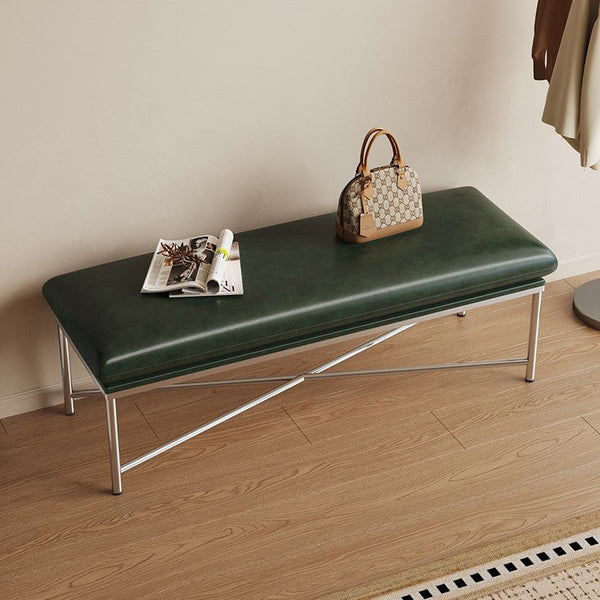 Mid-Century Hall Bench, Contemporay Bedroom Bench, Luxury Genuine Leather Entry Bench, Upholstered Shoe Bench, Narrow Entryway Bench, Modern Shoe Changing Ottoman-artworkcanvas