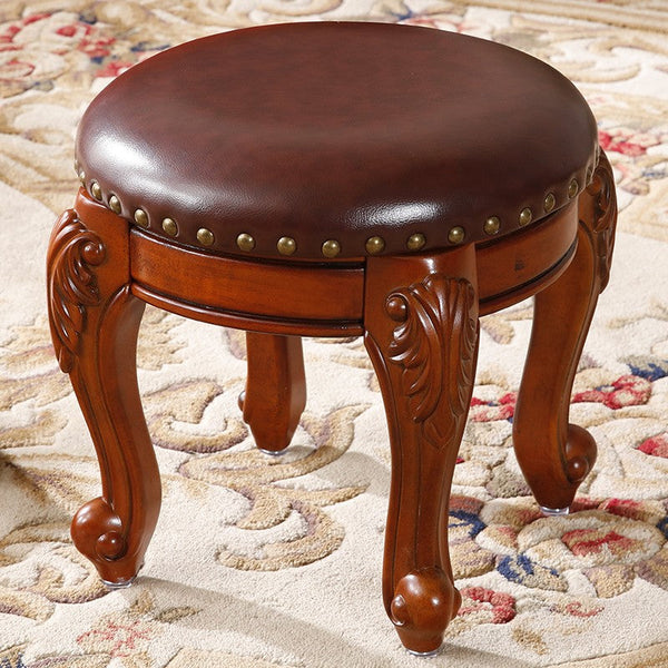Solid Wood Ottoman, Rubberwood Entry Bench, Vanity Stool, Genuine Leather Solid Wood Entry Bench, Vintage Round Stool-artworkcanvas