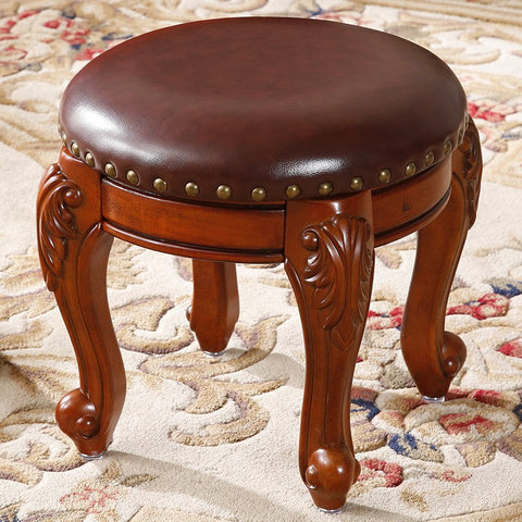Solid Wood Ottoman, Rubberwood Entry Bench, Vanity Stool, Genuine Leather Solid Wood Entry Bench, Vintage Round Stool-artworkcanvas