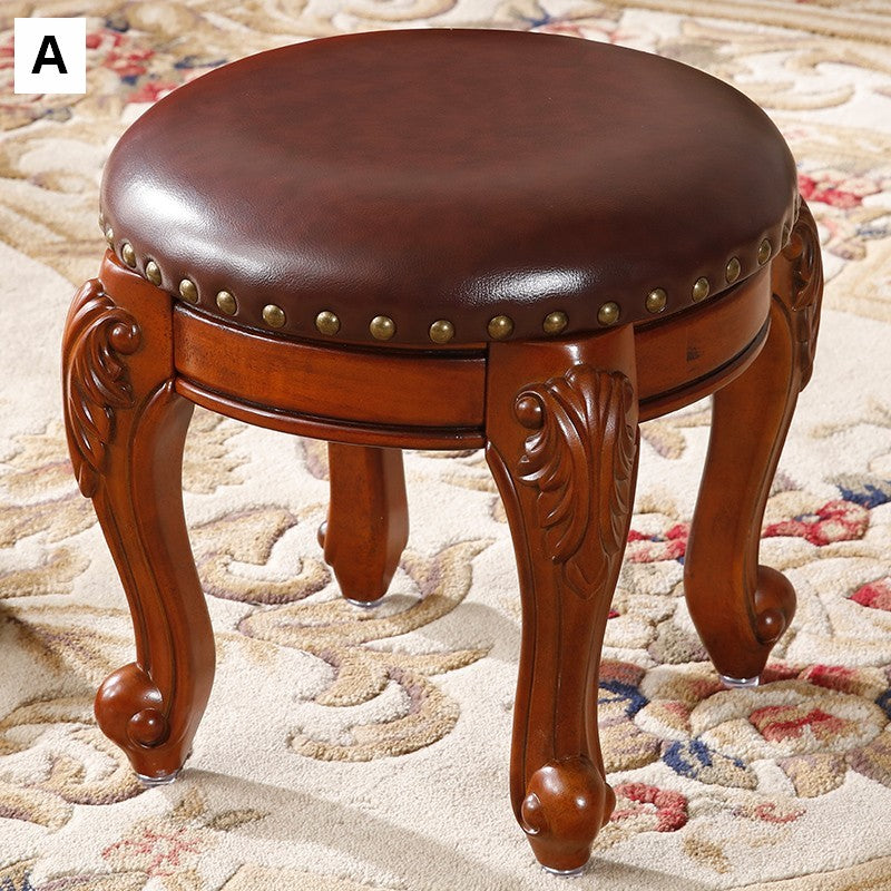 Solid Wood Ottoman, Rubberwood Entry Bench, Vanity Stool, Genuine Leather Solid Wood Entry Bench, Vintage Round Stool-artworkcanvas