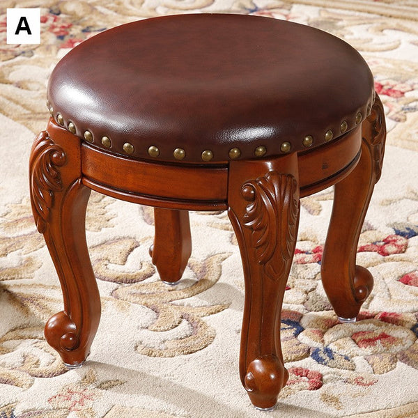 Solid Wood Ottoman, Rubberwood Entry Bench, Vanity Stool, Genuine Leather Solid Wood Entry Bench, Vintage Round Stool-artworkcanvas