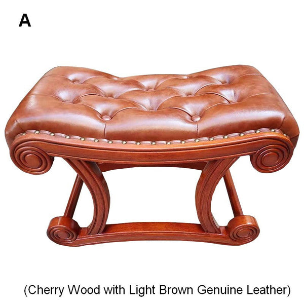 Vintage Leather Stool, Genuine Leather Solid Wood Entry Bench, Cherry Wood Footstool, Long Bench, Vanity Stool, Dressing Table Stool-artworkcanvas
