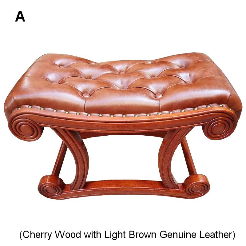 Vintage Leather Stool, Genuine Leather Solid Wood Entry Bench, Cherry Wood Footstool, Long Bench, Vanity Stool, Dressing Table Stool-artworkcanvas