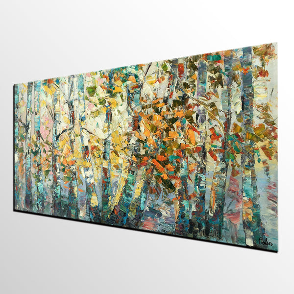 Canvas Art, Autumn Birch Tree Painting, Abstract Landscape Painting, Abstract Art Painting, Custom Canvas Painting