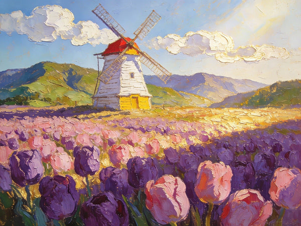 Landscape Oil Paintings, Windmills Among the Blooming Tulips, Small Oil Paintings on Wall, Original Artwork Small Wall Art, Hand Painted Canvas Art, Small Wall Paintings-artworkcanvas