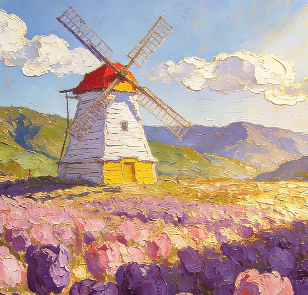 Landscape Oil Paintings, Windmills Among the Blooming Tulips, Small Oil Paintings on Wall, Original Artwork Small Wall Art, Hand Painted Canvas Art, Small Wall Paintings-artworkcanvas