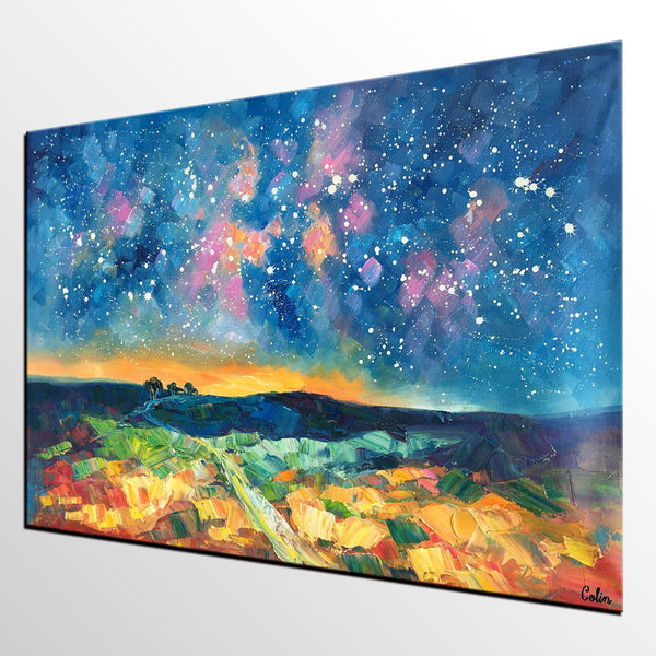 Starry Night Landscape Painting, Large Canvas Art Painting, Custom Large Oil Painting