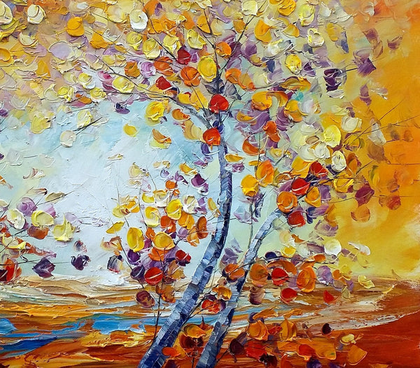 Heavy Texture Canvas Art, Autumn Tree Landscape Art, Custom Canvas Painting for Living Room