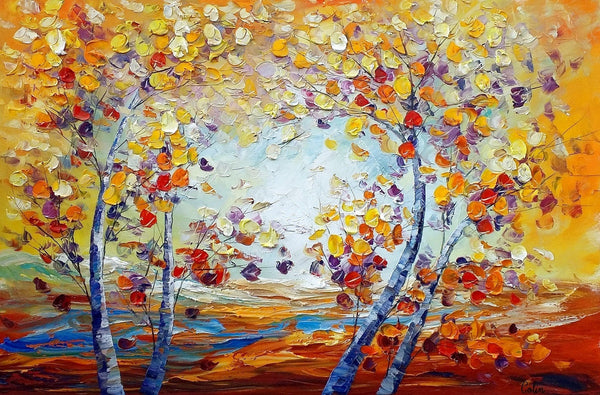 Heavy Texture Canvas Art, Autumn Tree Landscape Art, Custom Canvas Painting for Living Room
