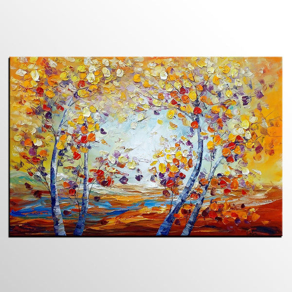 Heavy Texture Canvas Art, Autumn Tree Landscape Art, Custom Canvas Painting for Living Room