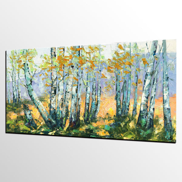 Custom Dining Room Wall Art, Landscape Painting, Birch Tree Painting, Impasto Canvas Art