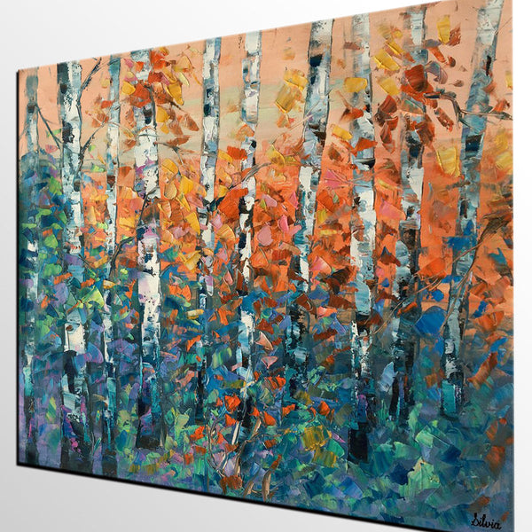 Birch Tree Painting, Large Oil Painting, Custom Canvas Artwork, Canvas Painting for Bedroom