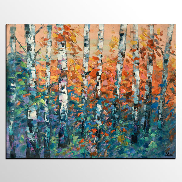 Birch Tree Painting, Large Oil Painting, Custom Canvas Artwork, Canvas Painting for Bedroom