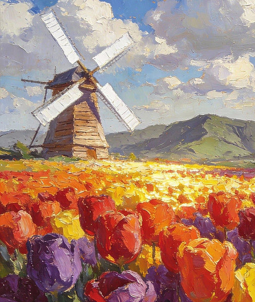 Heavy Texture Oil Paintings, On Canvas Small Paintings, Windmills Amidst a Sea of Blooming Tulips, Hand Painted Canvas Art, Original Small Paintings, Landscape Oil Paintings-artworkcanvas