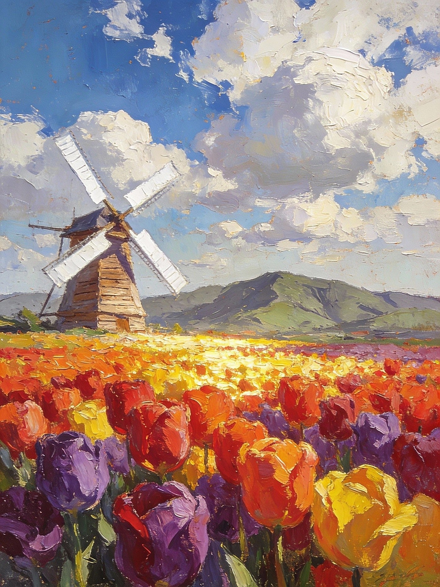 Windmills Amidst A Sea Of Blooming Tulips, Heavy Texture Oil Paintings, Dutch Landscape, Colorful Tulips