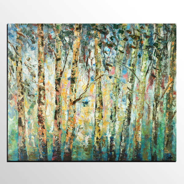 Abstract Landscape Painting, Birch Tree Painting, Bedroom Wall Art Paintings, Simple Modern Art, Custom Landscape Painting for Bedroom