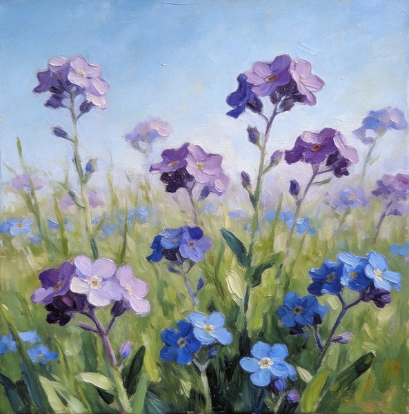 Original Small Canvas Artwork, Purple and Blue Forget-me-nots Blooming Wild, Buy Small Artwork Online, Still Life Painting, Original Flower Paintings, Hand Painted Canvas Art