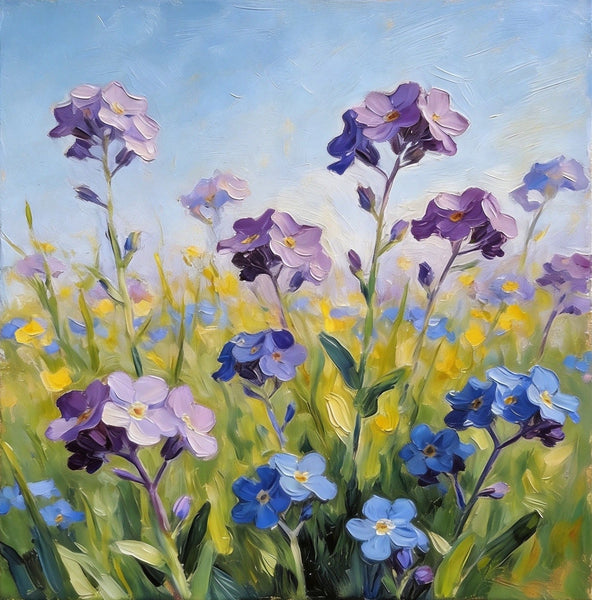 Small Canvas Artwork, Purple and Blue Forget-me-nots Blooming Wild, Buy Small Artwork Online, Hand Painted Canvas Art, Still Life Painting, Original Flower Paintings-artworkcanvas