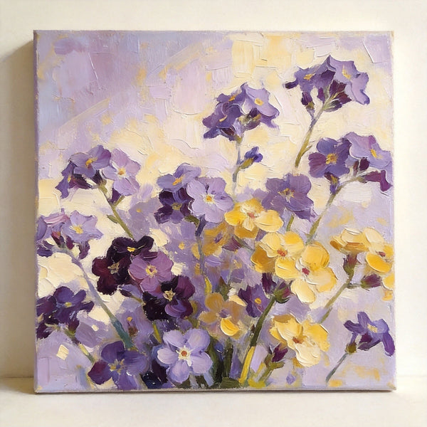 Small Canvas Artwork, Original Flower Paintings, Blooming Purple Yellow Forget-me-nots, Still Life Painting, Hand Painted Canvas Art, Buy Small Paintings Online-artworkcanvas