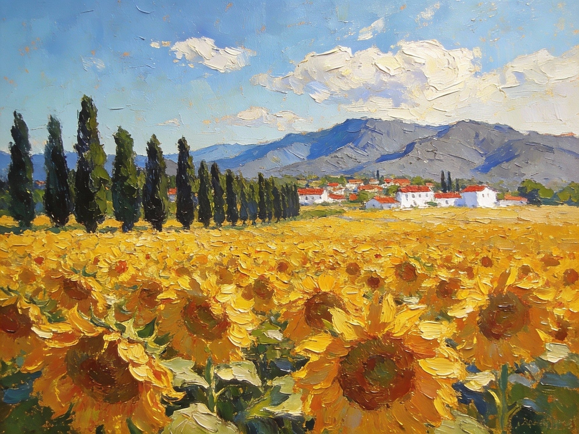 Sunflower Fields In Provence, Small Oil Paintings, Yellow Sunflowers Landscape, French Countryside Art