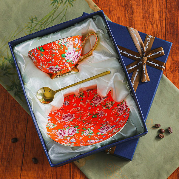 Porcelain Tea Cup and Saucer Set, Floral Ceramic Coffee Cup with Saucer, Traditional English Tea Cup and Saucer Set, Afternoon British Tea Cup with Saucer-artworkcanvas